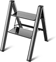 Step Ladder Folding 2 Step Stool Aluminium Anti-Slip Wide Pedal Portable Stepladder Storage Shelf Rack Home Kitchen Lightweight Ladders,Black