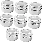 MOKKHNB 8pcs Magnetic Spice Jar Spice Container Tin Magnets Stickers Spice Jars with Label Spices Canisters Fridge for Magnetic Jars Cabinet Spice Organizer Silver Stainless Steel