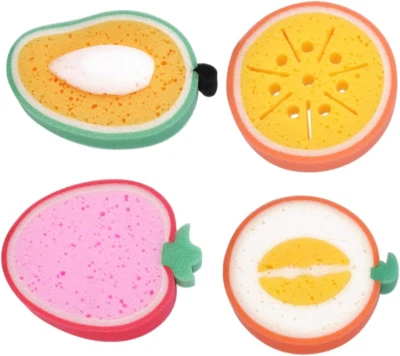 4Pcs Cute Fruit Shaped Bath Sponges for Kids - Mango, Honey-Dew Melon, Orange...