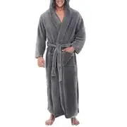 Men's Winter Warm Hooded Fleece Long Dressing Gown Bathrobe Towelling Bath Robe Grijs 3XL