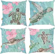 Throw Pillow Covers 18x18in, 4-Pack Ocean Beach Coastal Decor Outdoor Cushions Seashell Throw Pillow Covers for Couch, Sofa, Bed (W/O Insert) –Turtle (Turtle with Flowers)