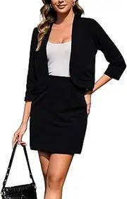 [YOUNIFIZ] Women's 2 Piece Suit Skirt Set Business Ruffle Hem Blazer Casual 3/4 Sleeve Blazer and Pencil Skirt