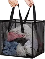 BOSNONA Mesh Pop Up Laundry Basket with Handles Portable and Collapsible Laundry Hamper Foldable Storage Organizer for Laundry Room Clothes Toys (Black-Single Layer)