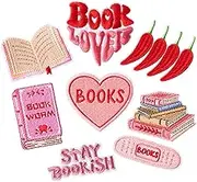 Kirako 8Pcs Bookish Iron on Patches Pink Sew on Repair Embroidered Applique DIY Craft Accessories Book Club Reading Gifts for Women Girls Bookworm Book Lover Clothes Backpacks Hats Dress Jackets Jeans