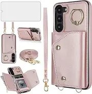 [Asuwish] Phone Case for Samsung Galaxy S23 5G Wallet Cover with Screen Protector and Ring Stand Credit Card Holder Slot Crossbody Strap Cell S 23 23S GS23 G5 SM-S911U 6.1 inch Women Girls Men Rose gold