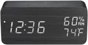 Wooden Digital Sound Control Alarm Clock USB/Battery Powered Dimmer Indoor Hygrometer Thermometer Clock with 3 Alarms Weekday Alarm-Black Shel Black One Size