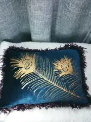 Etoffe Makara Designer Velvet Peacock Feather Pillow Swarovski Crystals Luxury
