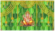 Ganesha Backdrop banana leaf Marigold garlands Pooja house warming Decoration