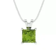 1.50ct Princess Cut Natural Peridot Pendant Necklace 18" chain 14k White Gold