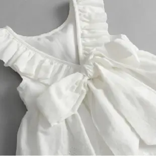 【橘魔法】荷葉背後大V蝴蝶結洋裝 棉麻無袖背心 洋裝 (連身裙 女童 白色洋裝)