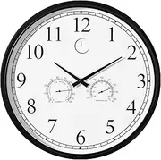18-inch Large Outdoor Wall Clock Thermometer Combo, Waterproof Hygrometer Silent Battery Operated Clocks Timepiece Garden Weather Master Station for Home Indoor or Patio Pool Photography Props Black