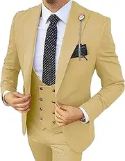 [JEShifangjiusu] Men's 3 Piece Suit Jacket One Button Single Breasted Tuxedo Blazer Formal Wedding Groomsmen Sport Coat Slim Fit Prom Suits Set with Vest Pants, Champagne, 7XL