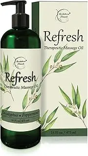 Refresh Massage Oil with Eucalyptus & Peppermint Essential Oils - Great for Massage Therapy. All Natural Massage Oil for Sore Muscles. Ideal for Full Body Massage – Nut Free Formula 16oz