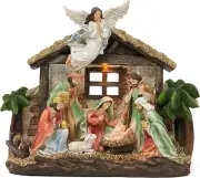 Christmas Nativity Figurines with LED Lights, Large Red Green White Holy Family
