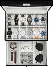 Ogrmar 12 Slot PU Leather Lockable Watch Storage Boxes, Men & Women Jewelry Display Drawer Case, 2-Tier Organizer Watch Showcase with Glass Lid