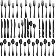 SHEUMNT 48-Piece Black Silverware Set, Mirror Polished Flatware Set for 8, Food-Grade Stainless Steel Cutlery Set, Includes Spoons Forks Knives, Kitchen Cutlery for Home Office Restaurant Hotel