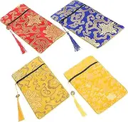 DIYEAH 4pcs Vintage Chinese Brocade Scriptures Storage Pouches Multi Functional Zipper Bags for Buddhist Texts Greeting Cards Sundries Stylish Compact Design