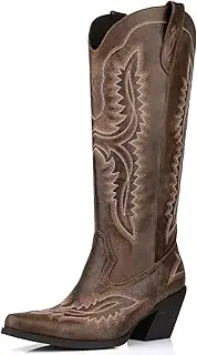 [DANAZANA] Wide Calf Embroidered Cowboy Boots Women Tall Western Cowgirl Boots With Side Half Zip Pointed Toe Cowgirl Boots For Lady Size 7-10