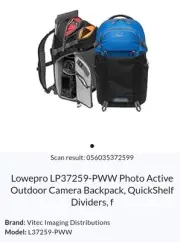 Lowepro LP37259-PWW Photo ActiveOutdoor Camera Backpack, QuickShelfDividers, f