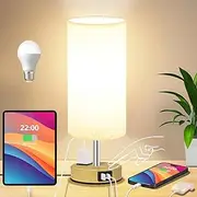 Bedside Table Lamp for Bedroom with AC Outlet, 3 Way Dimmable Touch Control Lamp with Dual USB Ports, Round Flaxen Fabric Shade Nightstand Lamp for Living Room, Desk, Home Office(LED Bulb Included)