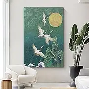Art Wall Decoration Hand Painted - Rising Sun Crane Pattern Texture Light Luxury Painting Large Size Sofa Hanging Painting,On Canvas Wall Art for Living Room Bedroom Home Stairway Decor,As Shown,1