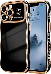 ELEPIK for iPhone 13 Pro Max Case for Women Girls, Cute Wave Frame Curly Shape with Love Heart, Raised Camera Protection, Luxury Plating Shockproof for iPhone 13 Pro Max Phone Case, Black