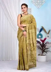 Hand Block Indian Printed Women Soft Mulmul Cotton Saree With Blouse- Free Ship