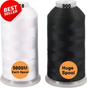 Set of 2 Polyester Embroidery Threads – 5000M Spools (White & Black)