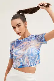 Abstract Print Mesh Short Sleeve Crop Top - Size M, Women's Top
