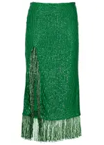 IN The Mood For Love Starry Fringe-trimmed Sequin Midi Skirt - Green - L L