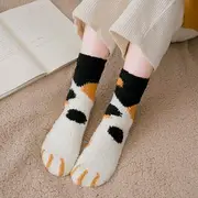 Set of 3: Cat Paw Fleece Socks Yellow & White + Black & White + Black Stripes - One Size