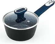 16cm Nonstick Saucepan with Lid, Pot with Blue Granite Coating, Non-Stick Small Sauce Pan with Heat Resistant Handle, Kitchen Cooking Pot, Suitable for All Stoves, Easy to Clean, PFOA Free