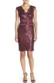 SZ 10 Tadashi Shoji Marsala Paillette Embroidered Sequin Lace Banded Waist Dress