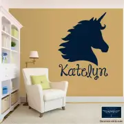 UNICORN HEAD SILHOUETTE LARGE WALL VINYL DECAL W/ NAME COLORS REMOVABLE 22x30"