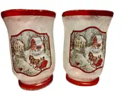 Set Of 2 Christmas Winter Wonderland Frosted Glass Votive Candle Holders 6” x 4”