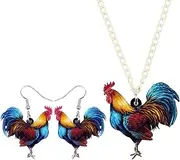 [DUOWEI] Acrylic Chicken Rooster Drop Earrings Pendant Necklace Cute Farm Animals Hen Sets Jewelry for Women Teens Kids Novelty Gifts