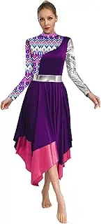 [Hedmy] Womens Stylish Print Color Block Liturgical Worship Praise Dance Dresses Irregular Hem Dresses