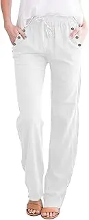 [VREWARE] Women Fashion Solid Color Cotton Flax Elastic Long Pants Beach Leisure Business Casual Clothes for Plus