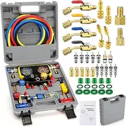 HVAC R1234YF R134A Manifold Gauge Set AC Gauge Set, Automotive 4 Way AC Manifold Gauge Set AC Gauges R1234YF R134A and R404A with Hoses for Car Charging and Evacuation