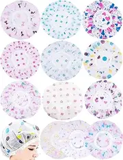 12 Pieces Reusable Waterproof Shower Caps, Durable Elastic Bathing Hair Caps, Beauty Salon Spa Shower Caps Lace Elastic Band Hair Bath Caps (Random Colors)
