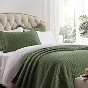 SunStyle Home Olive Green Queen Quilt Bedding Set, Lightweight Summer Bedspread Blanket Full Queen Size Quilt, Luxury Quilted Stitching Coverlet with 2 Pillow Shams Leaf Embroidered Pattern 3pcs