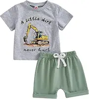 [MAHUAOYIXI] Baby Boy Outfits Round Neck Letter Digger Print T Shirts Short Sleeve + Elastic Waistband Shorts Sets Infant Baby Boys 2Pcs Toddler Summer Clothes Set, Green, 6-12 Months