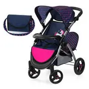 Doll Pram Twin Star - Blue with Pink Hearts & Unicorn