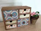 Mini Desktop Chest Of Drawers. Jewelry Drawers Box with blue and orange designs.