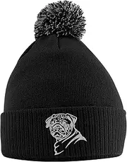 [Purple Print House] Pug Hat - Bobble Beanie Hat - Dog Owner Gifts for Girls - Winter Beanie Hat with Pug Embroidered On The Front