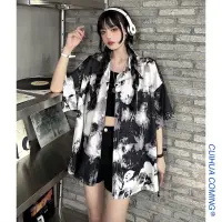 在飛比找蝦皮購物優惠-Ann 扎染襯衫女夏薄款寬松復古港風chic短袖襯衣女設計感