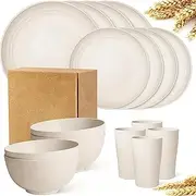 16pcs, Kitchen Wheat Straw Dinnerware Set, Unbreakable Dish Set, Reusable Service for 4, Dinner Plate, Soy Sauce Dishes, Cereal Bowl, Cup, for Apartment Basics, Camping, Picnic, Campervan, White