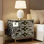 Bone Inlay Nightstand Table, Bedside Table 3 Drawers Black Floral Living Room