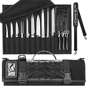 SWISSELITE Chef Knife Roll Bag, Heavy Duty Canvas & Leather, 10 Slots for Knives, Detachable Storage Bag