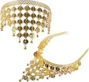COMPUKAS 2pcs Golden Hair Chains with Sequin Tassels Dance Hair Jewelry for Belly Dancer Costume Boho Headpiece Dance Hair Accessories for Women Girls